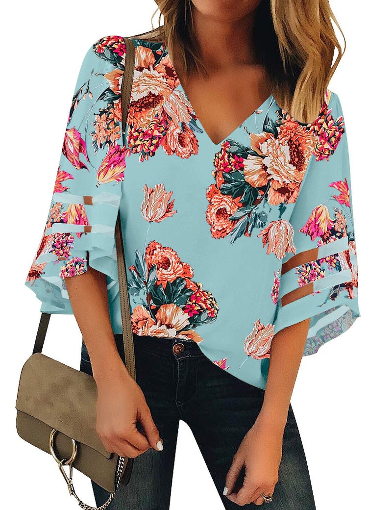 LookbookStore Women Blue Floral Print Tops for Women V Neck Casual Mesh Panel Blouse 3/4 Bell Sleeve Loose Top Shirt Size XL(US 16-18) - Image 1